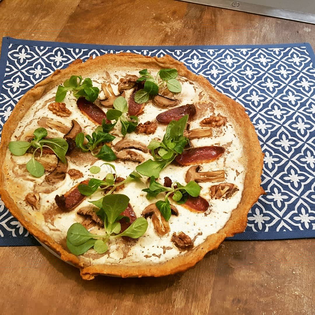Pizza blanche, Magret et champignons sans lait de vache